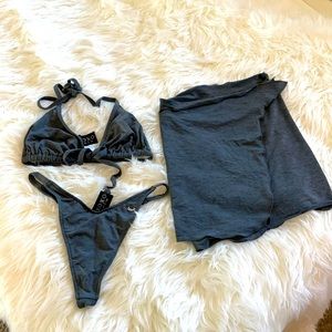 XOXO Charcoal Triangle/Thong/Sarong Bikini NWOT